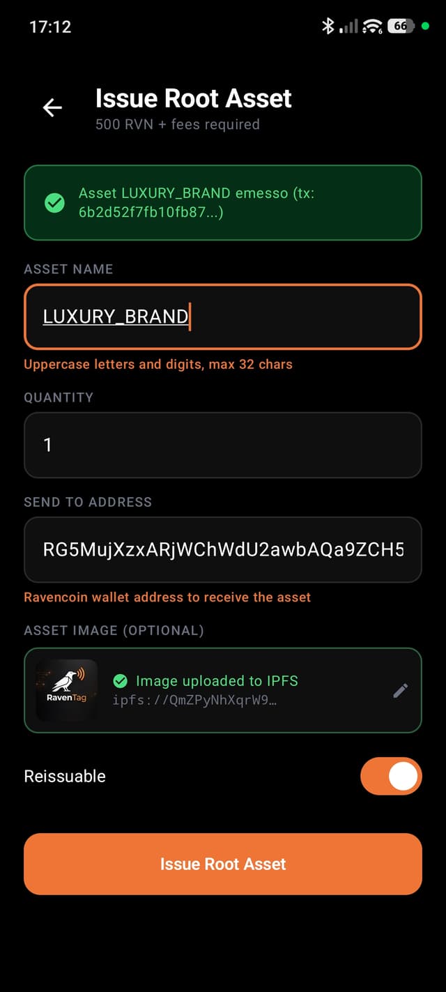Root asset: 500 RVN, creates the brand namespace on Ravencoin