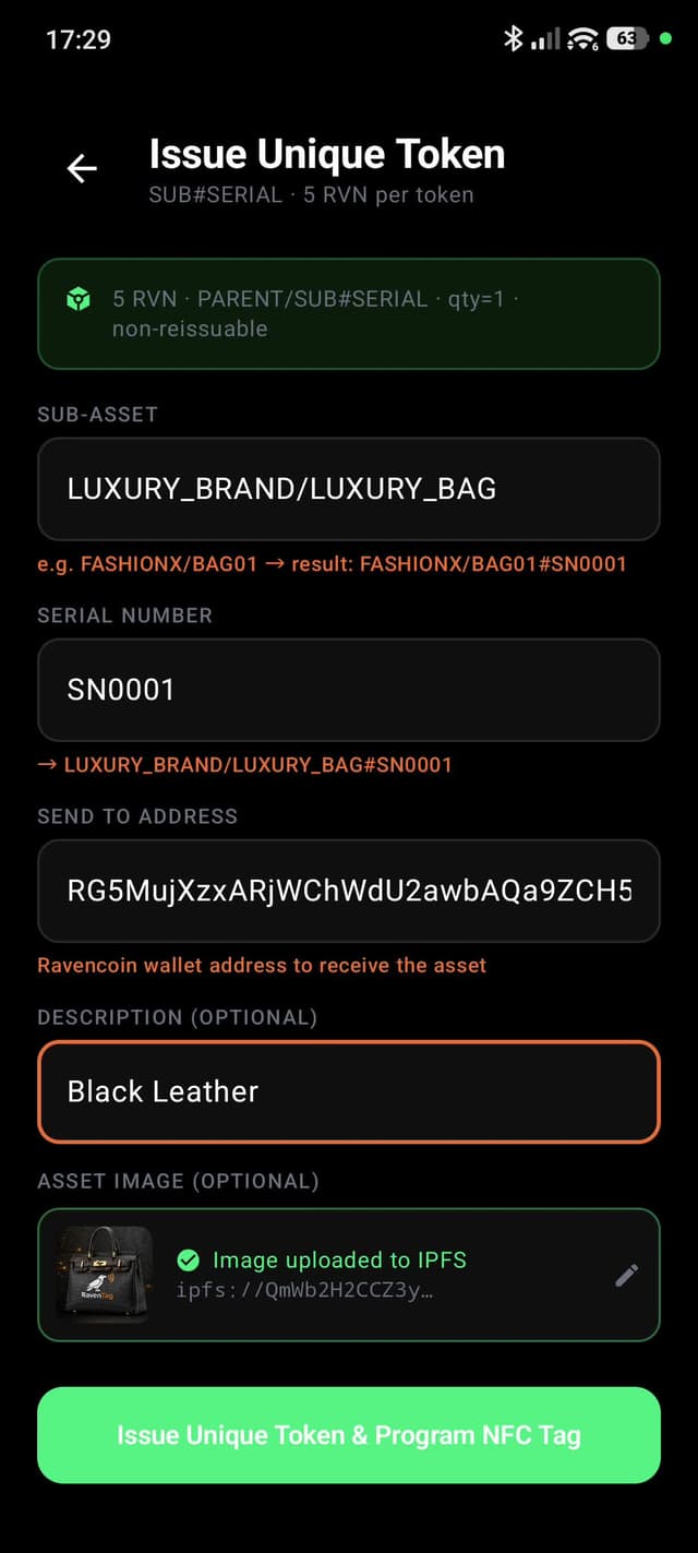 Unique token: 5 RVN, non-reissuable, one per physical item with NFC chip